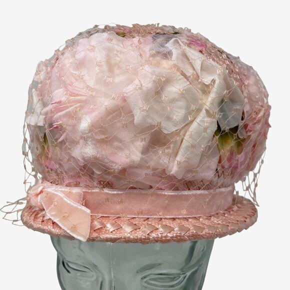 Vintage 60s Raffia Hat Satin Band Bow Silk Floral Net Covered‎ Cloche Grannycore - Picture 6 of 9